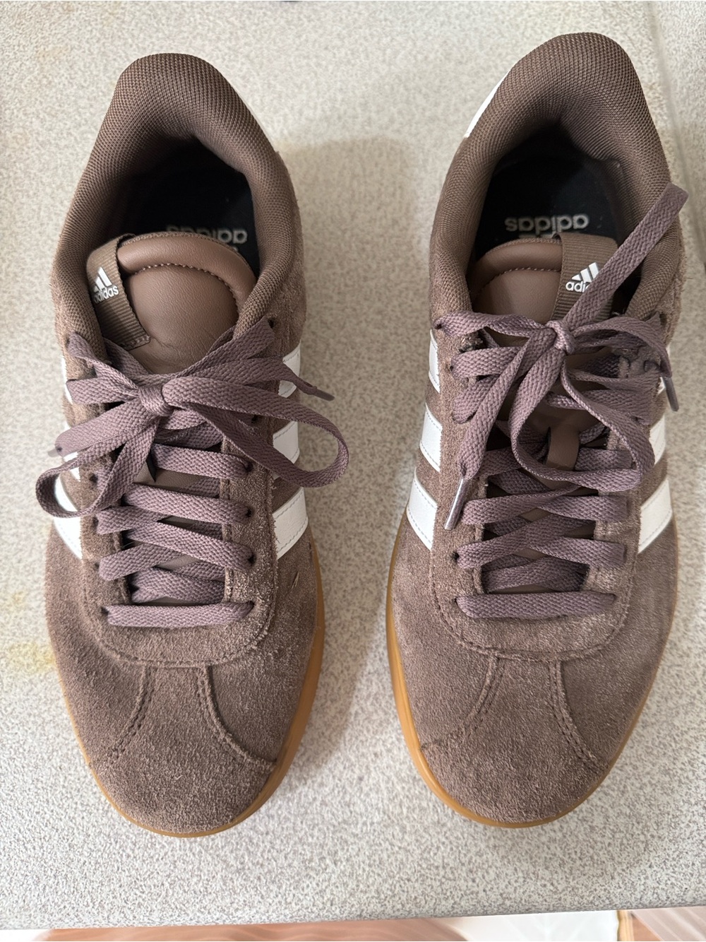 adidas Men’s Brown Suede Sneakers with White Stripes and Gum Sole